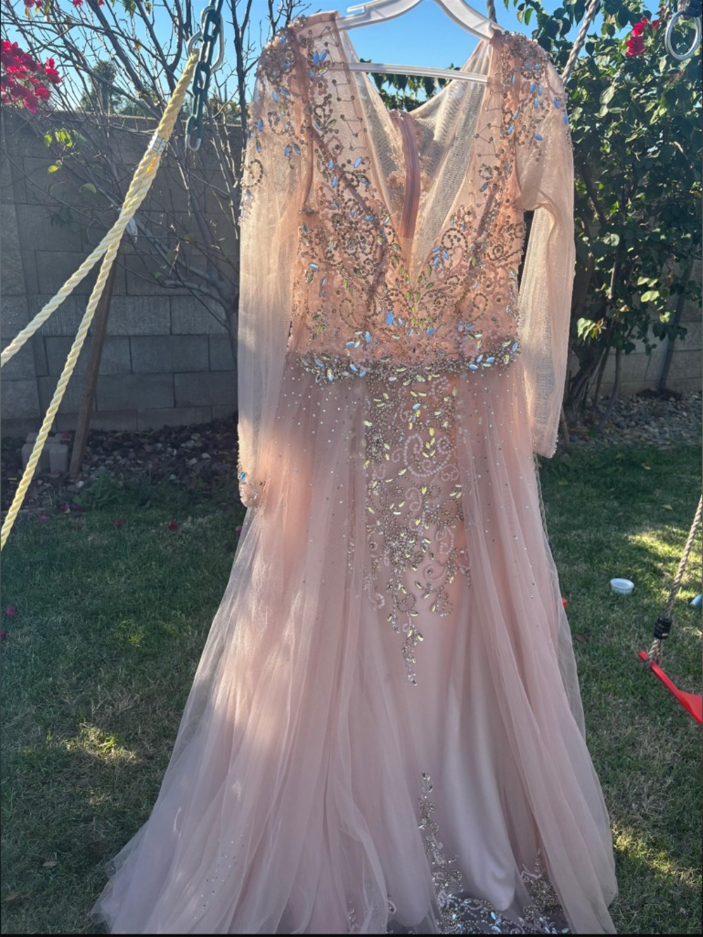 Embellished Long Sleeve Tulle Gown - Blush Pink